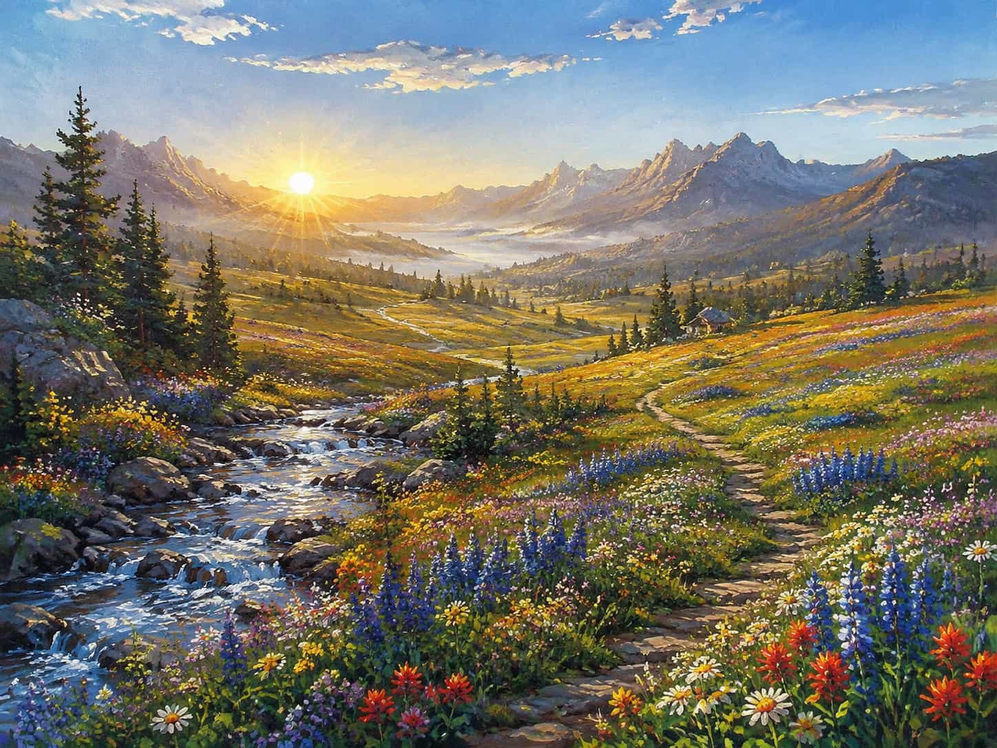 Wildflower Valley Sunrise Under Clear Skies