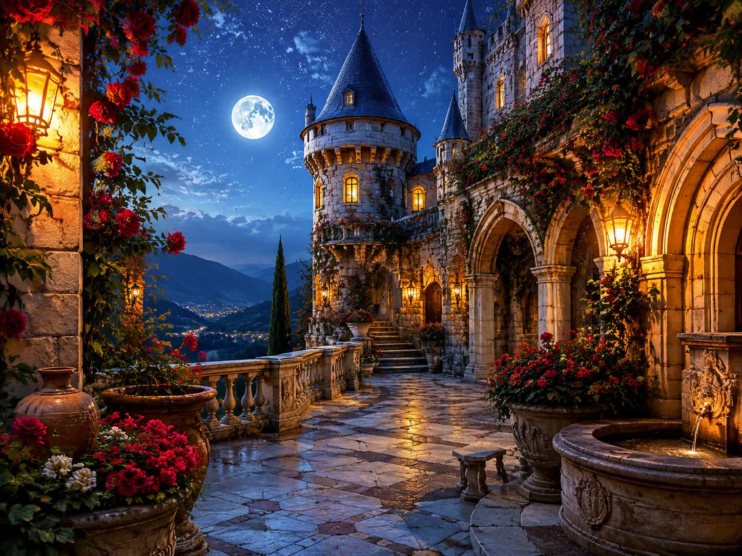 Starlit Castle Courtyard Under Clear Skies